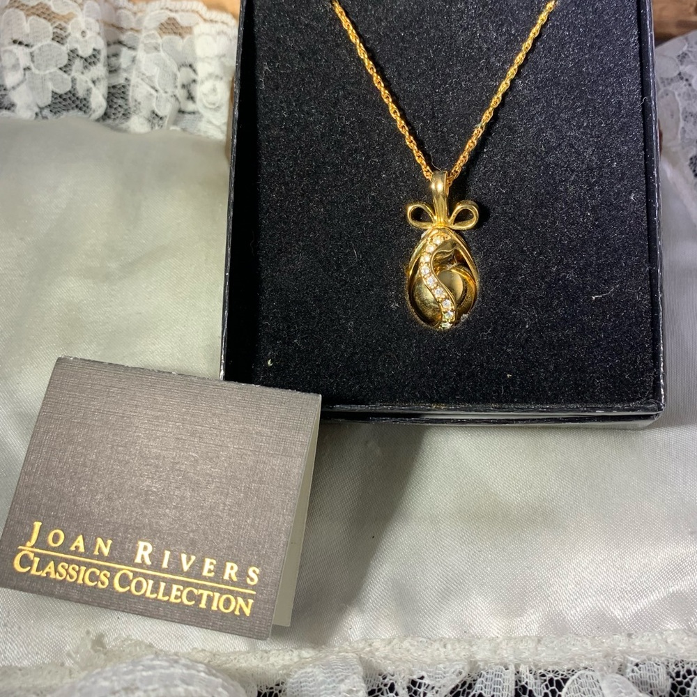 Joan Rivers Gold Plated Egg Rhinestone and Bow Hinged Pendant Necklace,Boxed